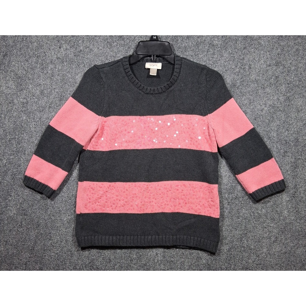 LOFT‎ Petites Pink Grey Striped Sequin Cotton Sweater LP 325619